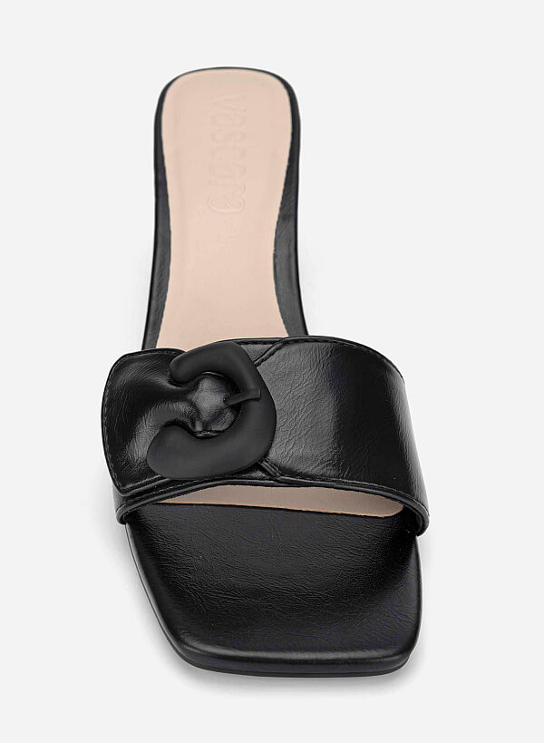 Buckle Detail Block Heel Mules - MUL 0223 - Black - VASCARA