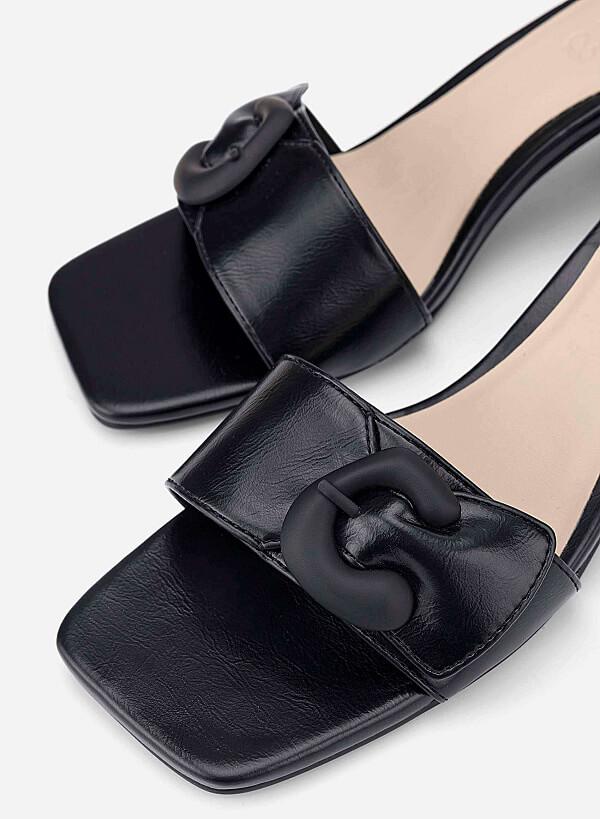 Buckle Detail Block Heel Mules - MUL 0223 - Black - VASCARA