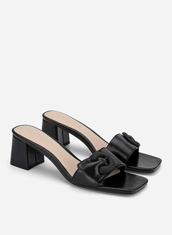 Buckle Detail Block Heel Mules - MUL 0223 - Black - VASCARA