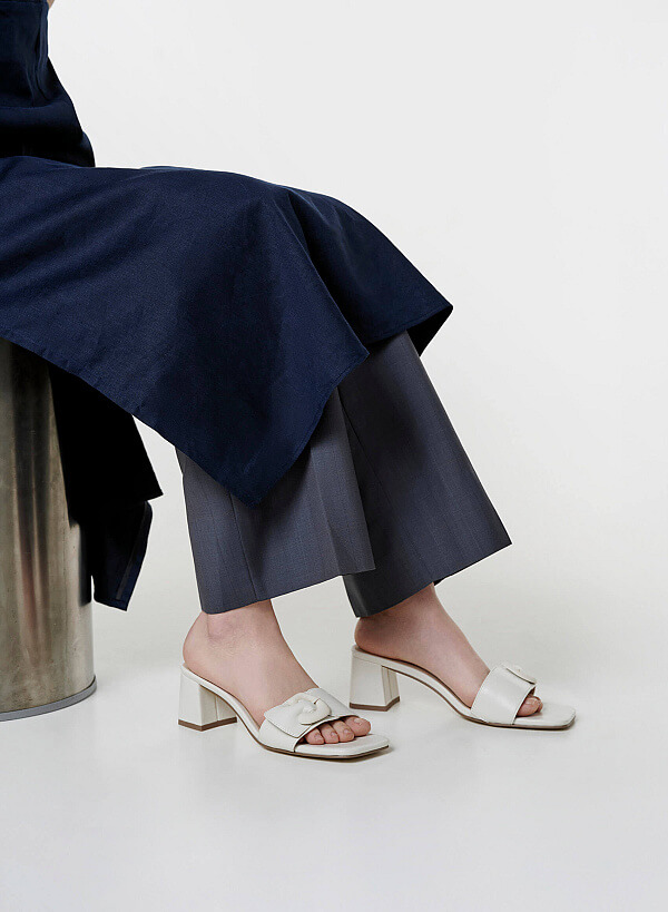 Buckle Detail Block Heel Mules - MUL 0223 - Cream - VASCARA