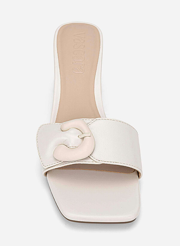 Buckle Detail Block Heel Mules - MUL 0223 - Cream - VASCARA