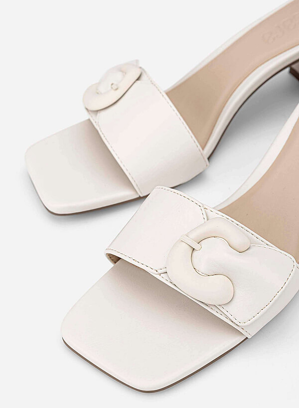 Buckle Detail Block Heel Mules - MUL 0223 - Cream - VASCARA