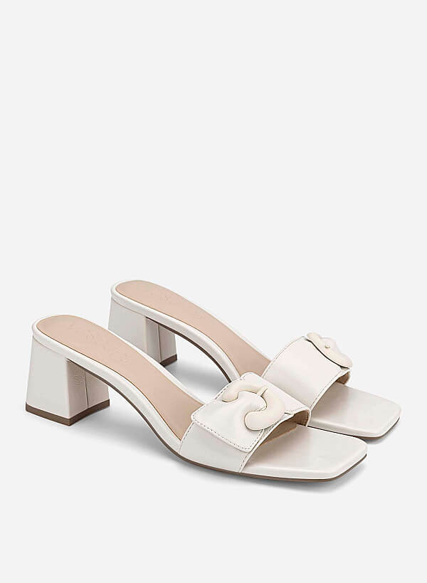 Buckle Detail Block Heel Mules - MUL 0223 - Cream - VASCARA