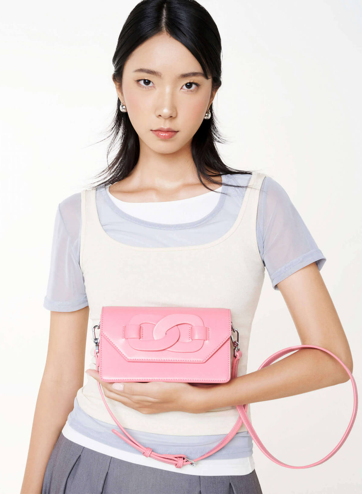 Chain-Link Detail Crossbody Bag - MES 0284 - Pink - vascara.com