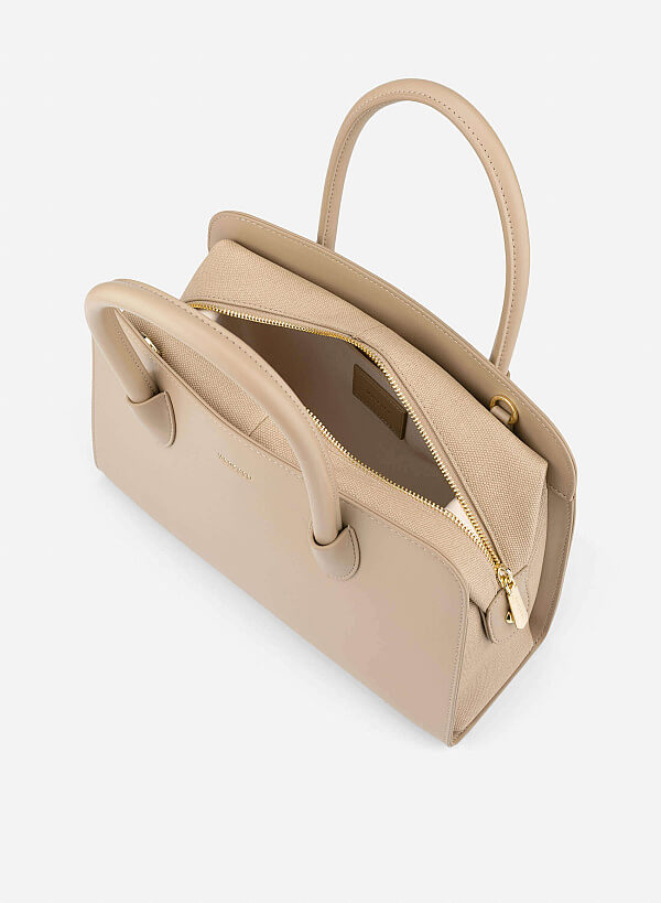 Contrast Faux Leather Detailing Handbag - TTE 0193 - Beige - VASCARA