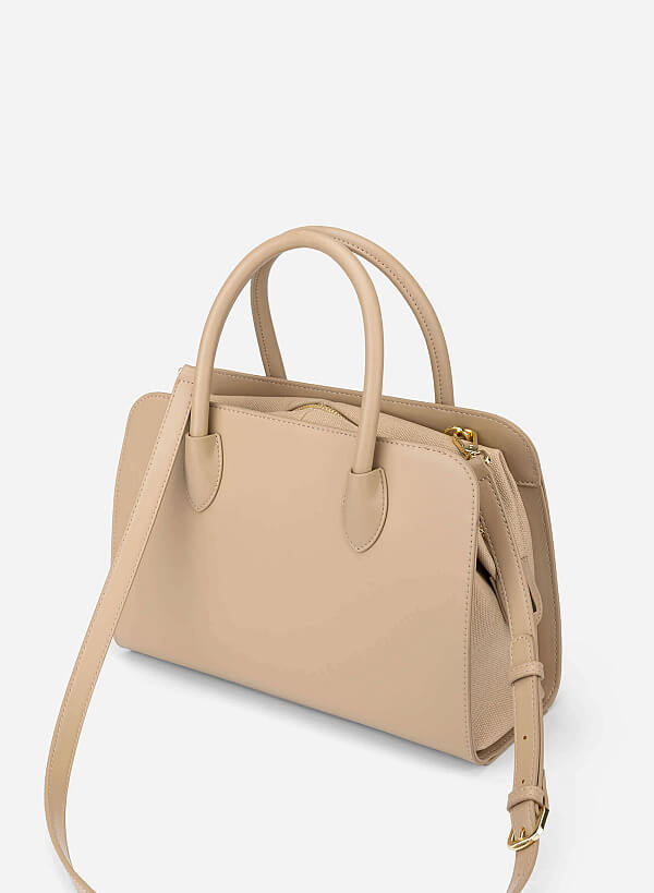 Contrast Faux Leather Detailing Handbag - TTE 0193 - Beige - VASCARA