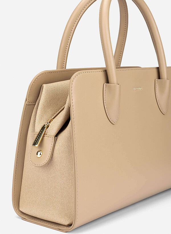 Contrast Faux Leather Detailing Handbag - TTE 0193 - Beige - VASCARA