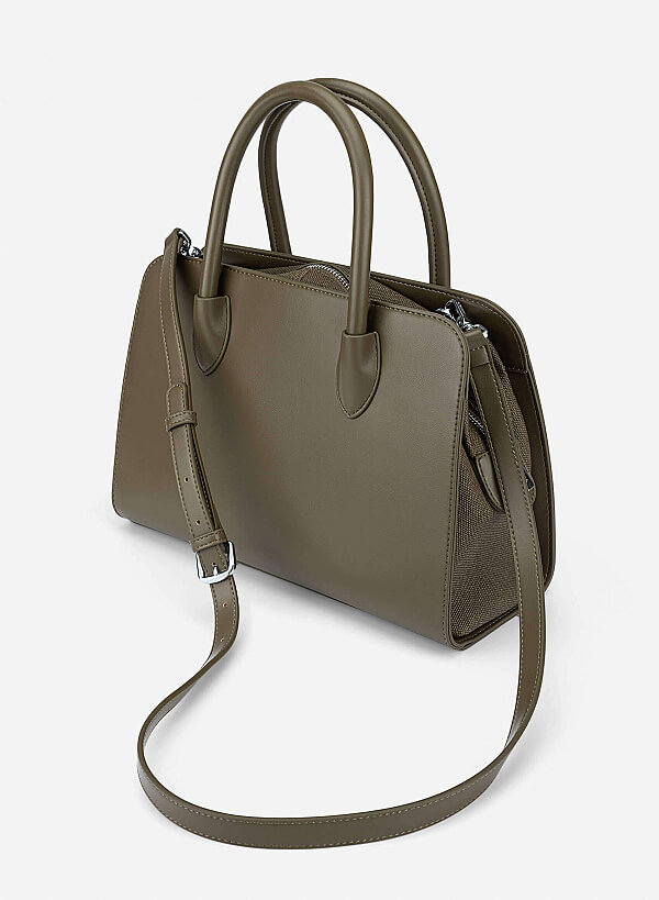 Contrast Faux Leather Detailing Handbag - TTE 0193 - Dark Green - VASCARA