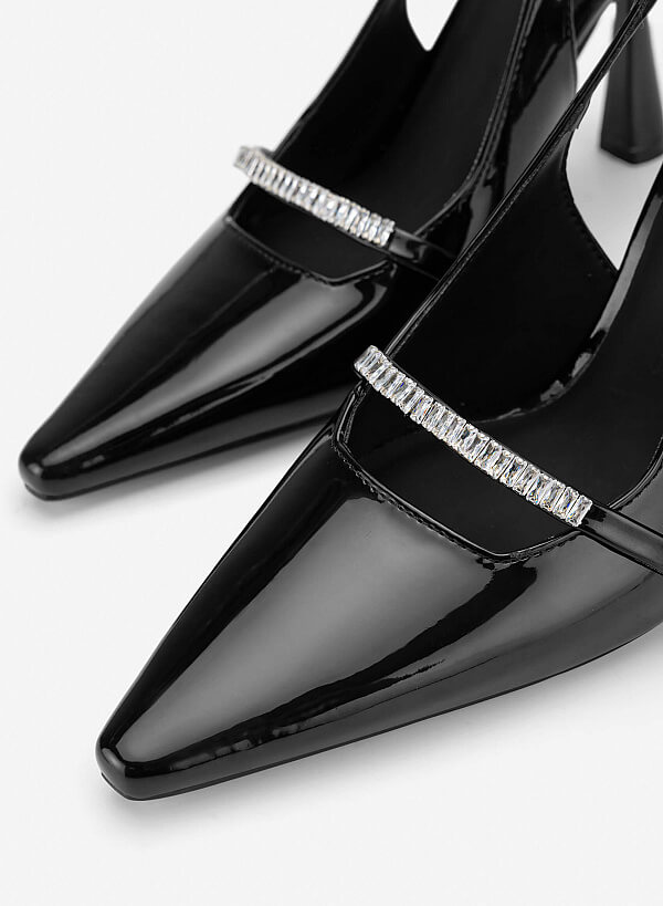 Crystal-Accent Spool Heel Slingbacks - HIG 0722 - Black - VASCARA