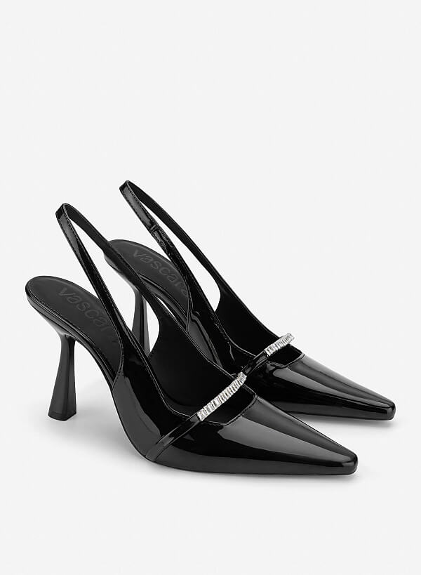 Crystal-Accent Spool Heel Slingbacks - HIG 0722 - Black - VASCARA
