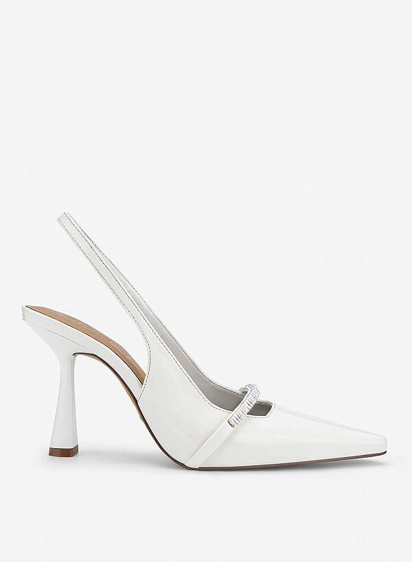 Crystal-Accent Spool Heel Slingbacks - HIG 0722 - White