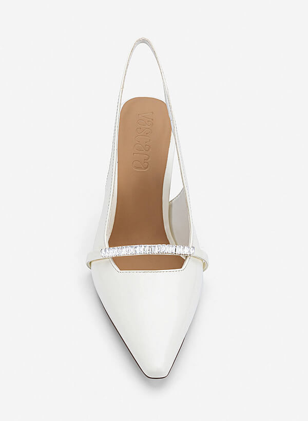 Crystal-Accent Spool Heel Slingbacks - HIG 0722 - White - VASCARA