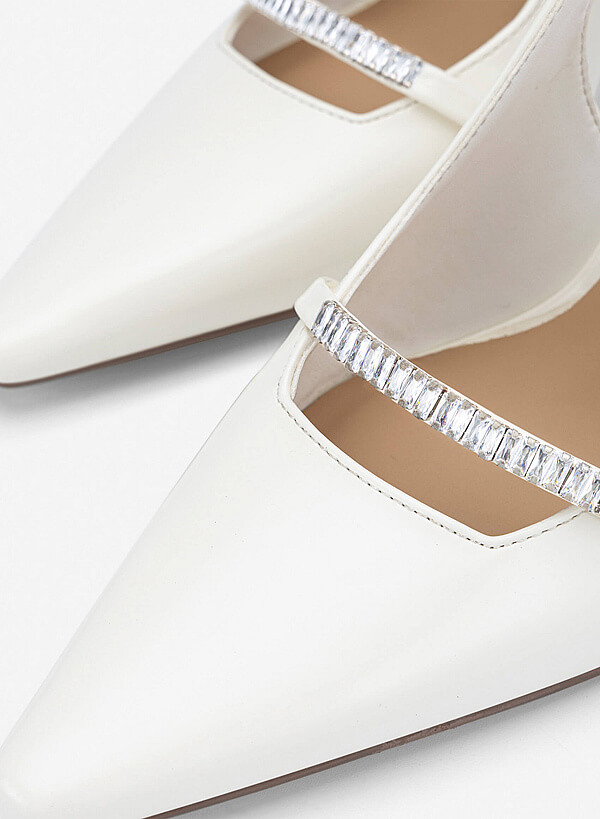 Crystal-Accent Spool Heel Slingbacks - HIG 0722 - White - VASCARA