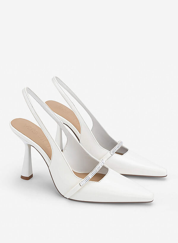 Crystal-Accent Spool Heel Slingbacks - HIG 0722 - White - VASCARA