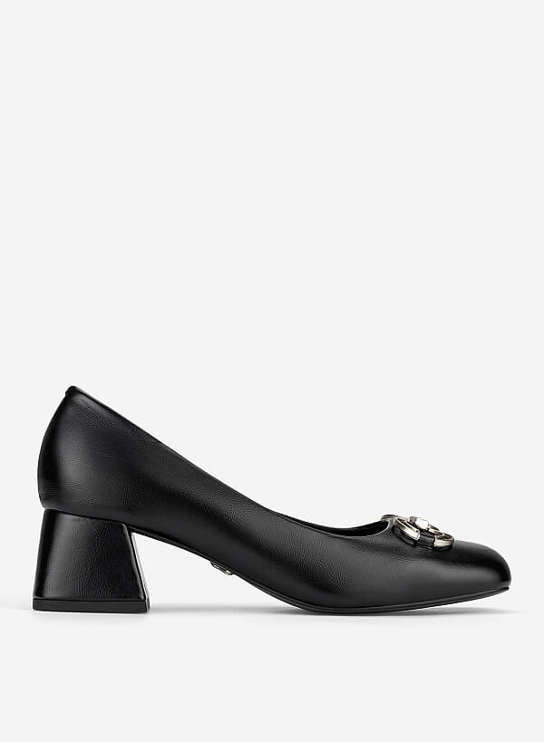Décor Buckle Block Heel Pumps - HIG 0711 - Black