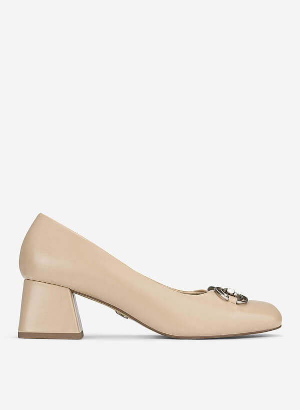Décor Buckle Block Heel Pumps - HIG 0711 - Cream