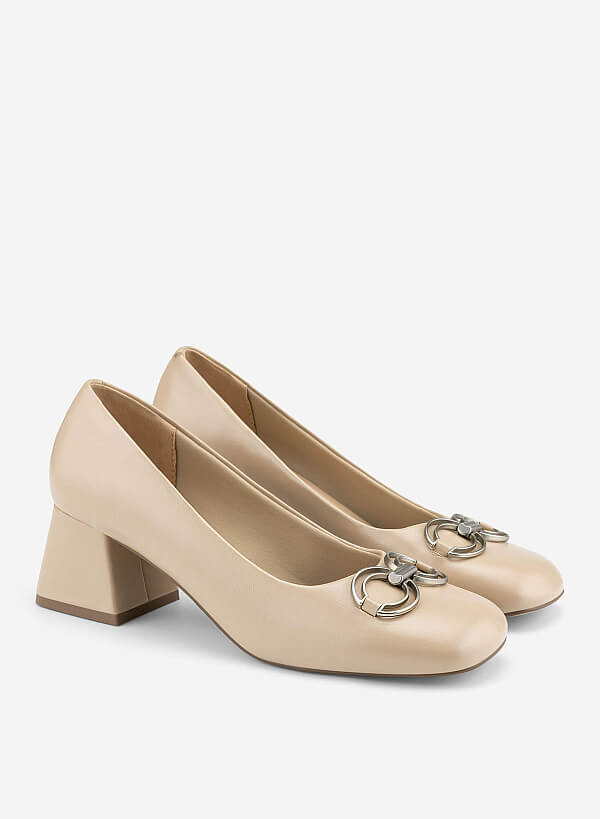 Décor Buckle Block Heel Pumps - HIG 0711 - Cream - VASCARA