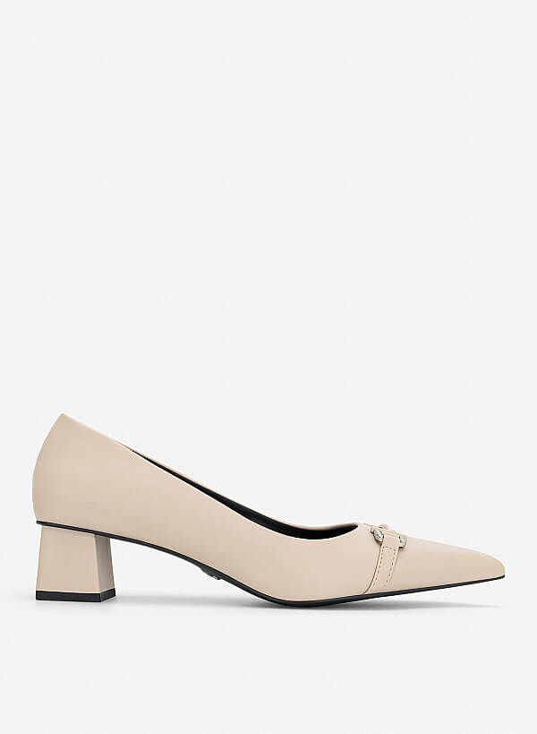 Décor Buckle Pointed Toe Pumps - HIG 0712 - Beige
