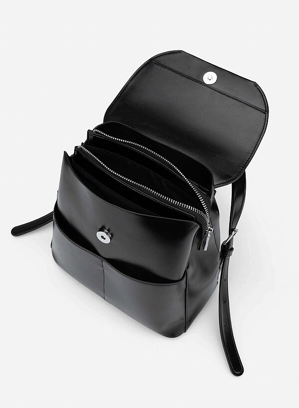 Fold-Over Flap Backpack - BAK 0221 - Black - VASCARA