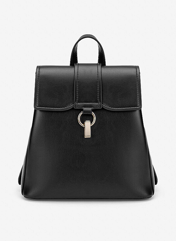 Fold-Over Lock Décor Backpack - BAK 0223 - Black