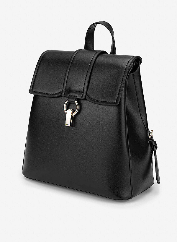 Fold-Over Lock Décor Backpack - BAK 0223 - Black - VASCARA