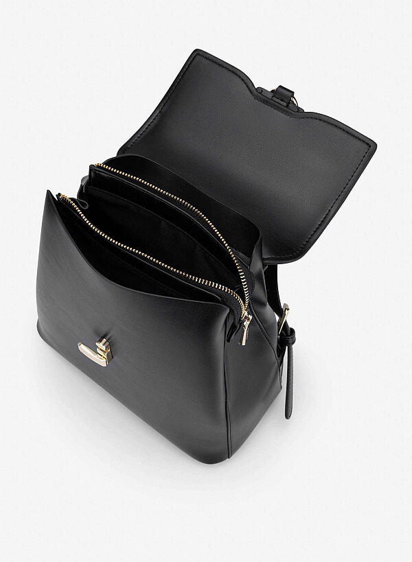 Fold-Over Lock Décor Backpack - BAK 0223 - Black - VASCARA