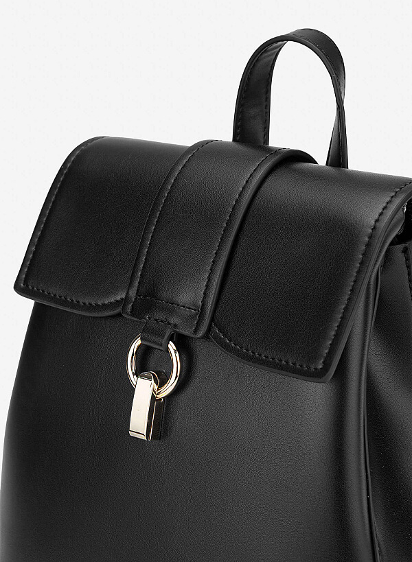 Fold-Over Lock Décor Backpack - BAK 0223 - Black - VASCARA