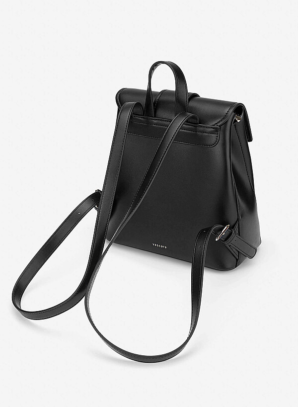 Fold-Over Lock Décor Backpack - BAK 0223 - Black - VASCARA