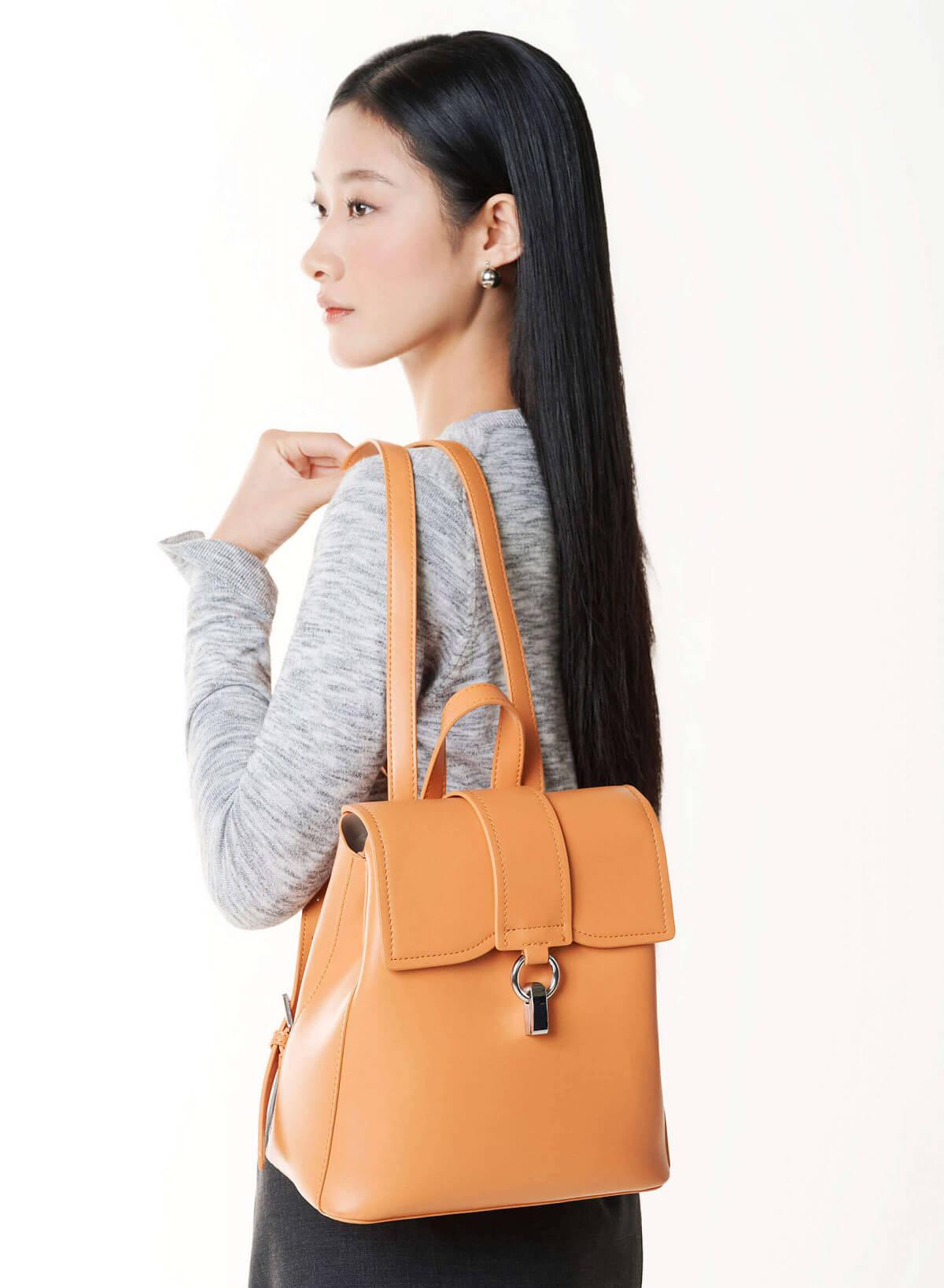 Fold-Over Lock Décor Backpack - BAK 0223 - Light Orange - vascara.com