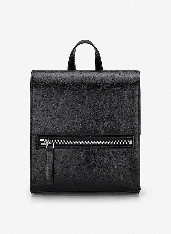 Fold-Over Textured Mini Backpack - BAK 0224 - Black