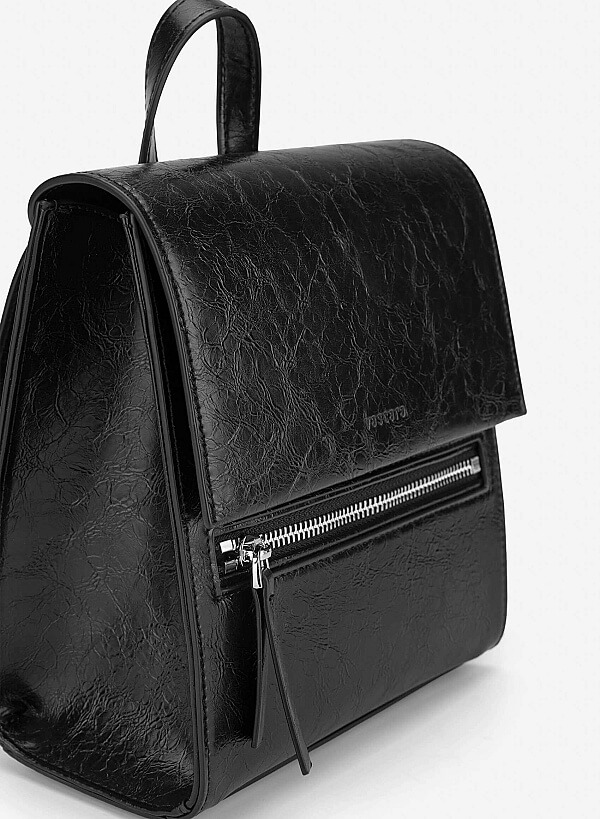 Fold-Over Textured Mini Backpack - BAK 0224 - Black - VASCARA