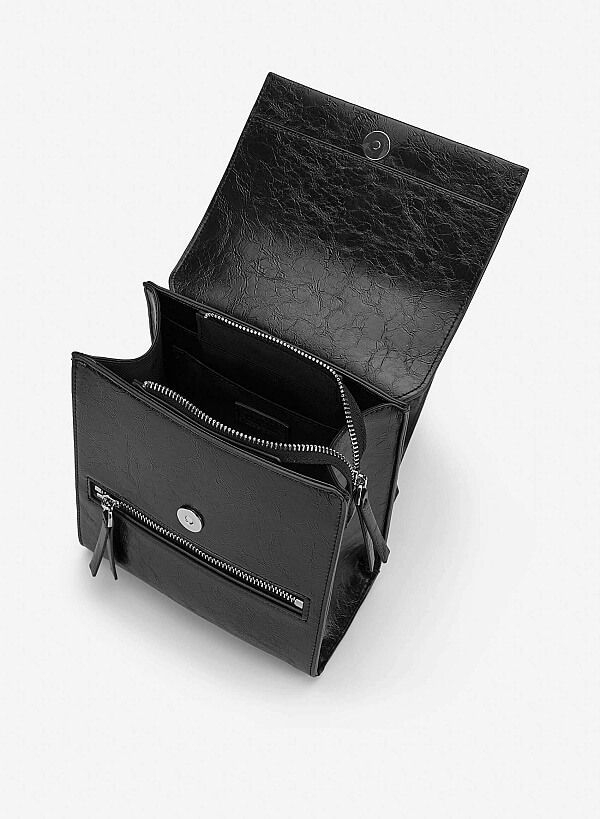 Fold-Over Textured Mini Backpack - BAK 0224 - Black - VASCARA