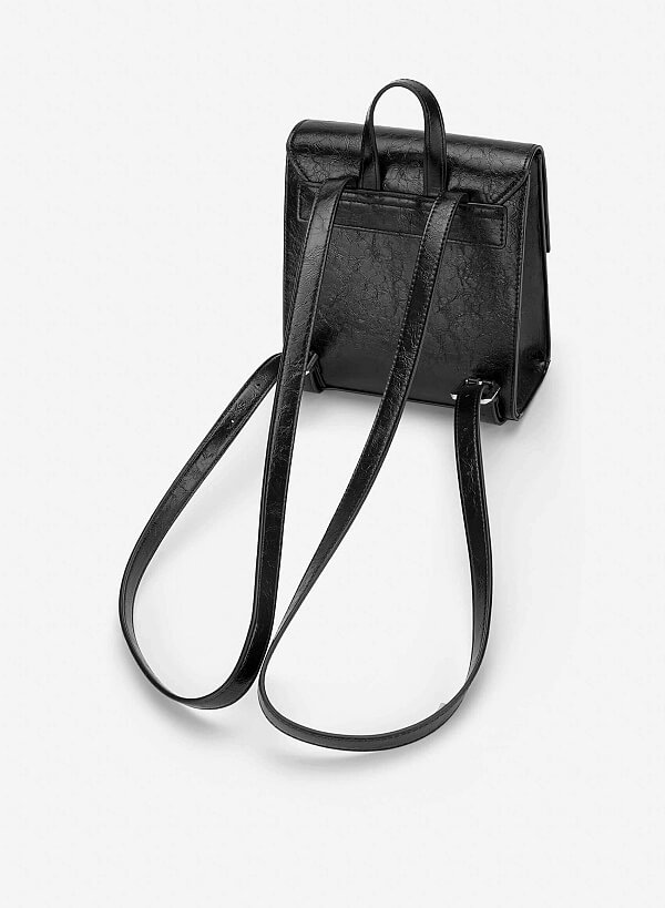 Fold-Over Textured Mini Backpack - BAK 0224 - Black - VASCARA