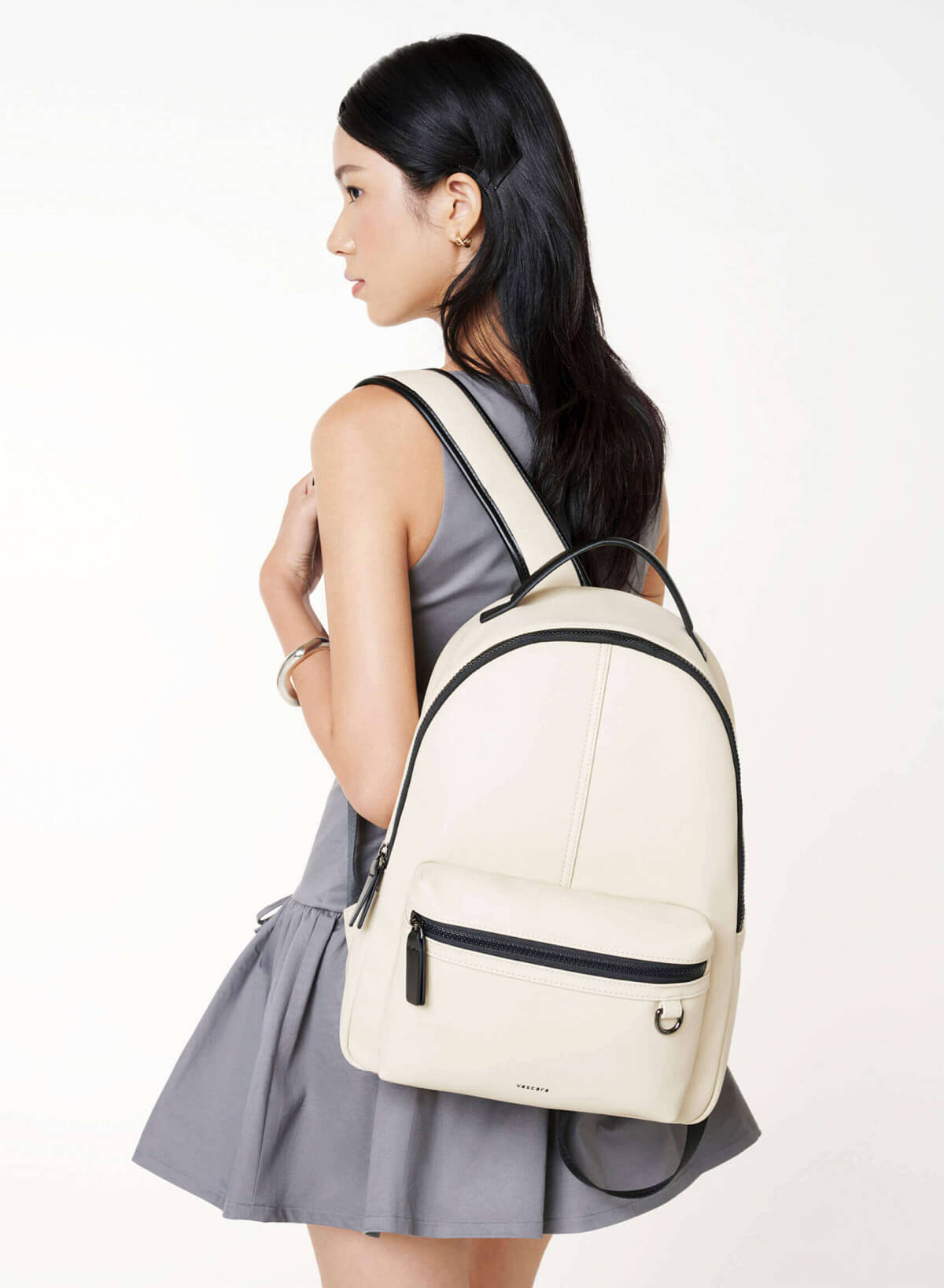 Leather Contrast Zip Backpack - BAK 0225 - Beige - vascara.com