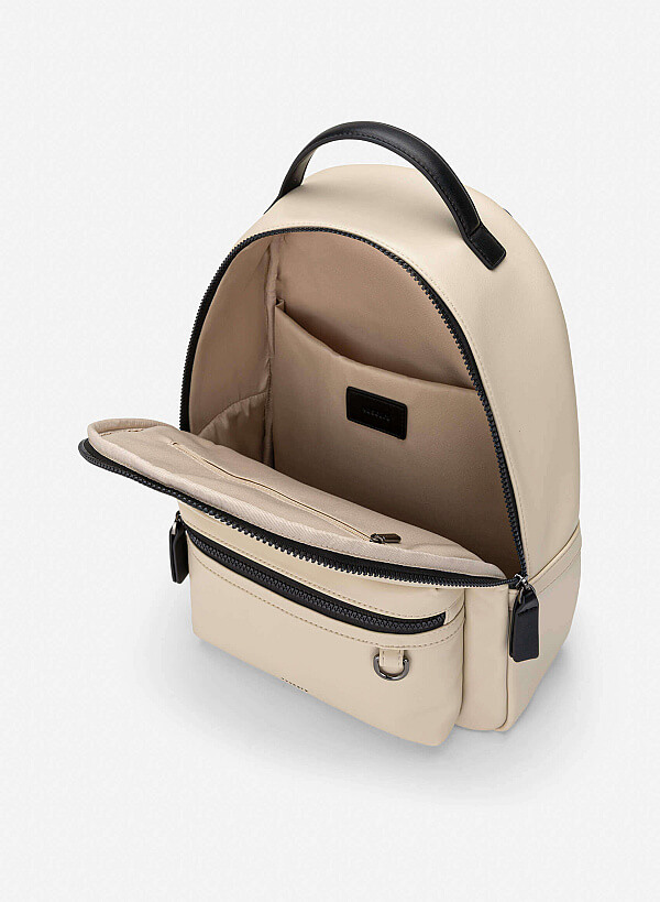 Leather Contrast Zip Backpack - BAK 0225 - Beige - VASCARA