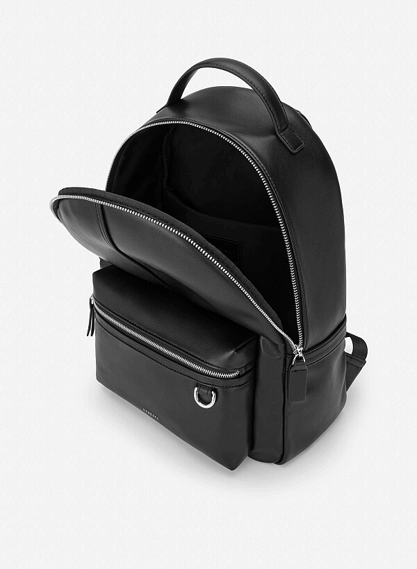 Leather Contrast Zip Backpack - BAK 0225 - Black - VASCARA