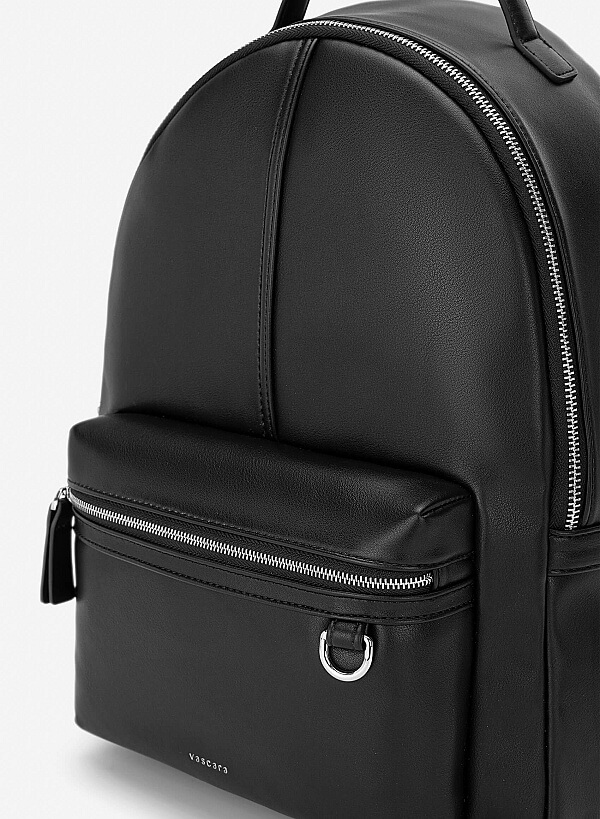Leather Contrast Zip Backpack - BAK 0225 - Black - VASCARA