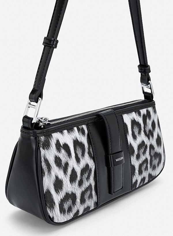 Leopard Print Panel Shoulder Bag - MES 0282 - Black - VASCARA
