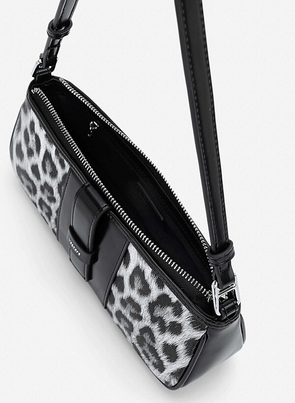 Leopard Print Panel Shoulder Bag - MES 0282 - Black - VASCARA