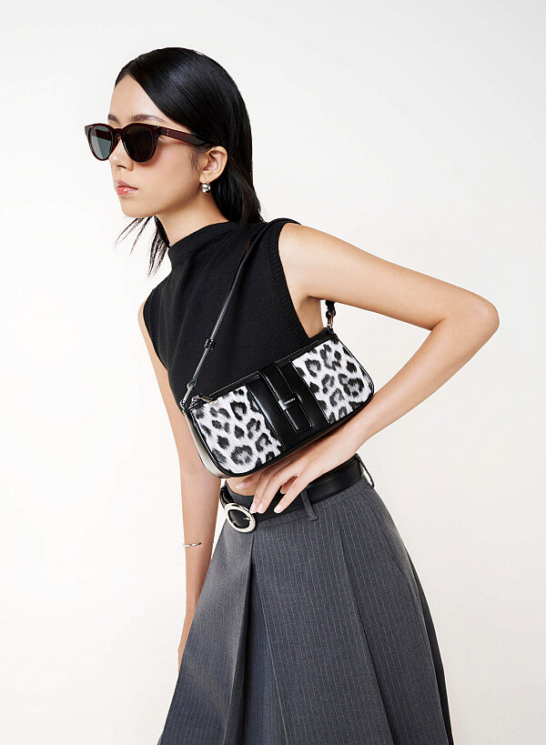 Leopard Print Panel Shoulder Bag - MES 0282 - Black - VASCARA