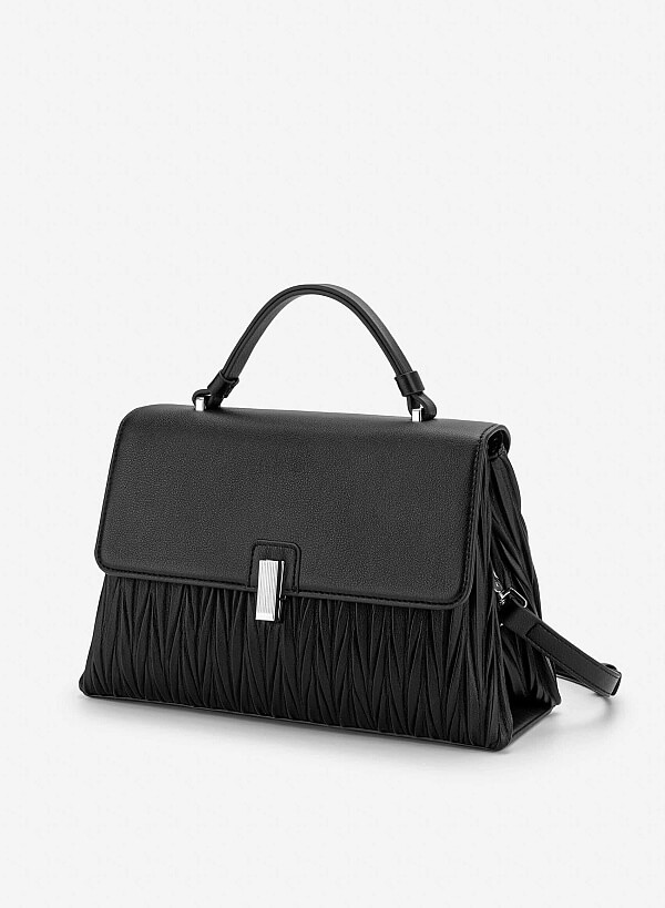Lock Décor Quilted Handbag - SAC 0335 - Black - VASCARA