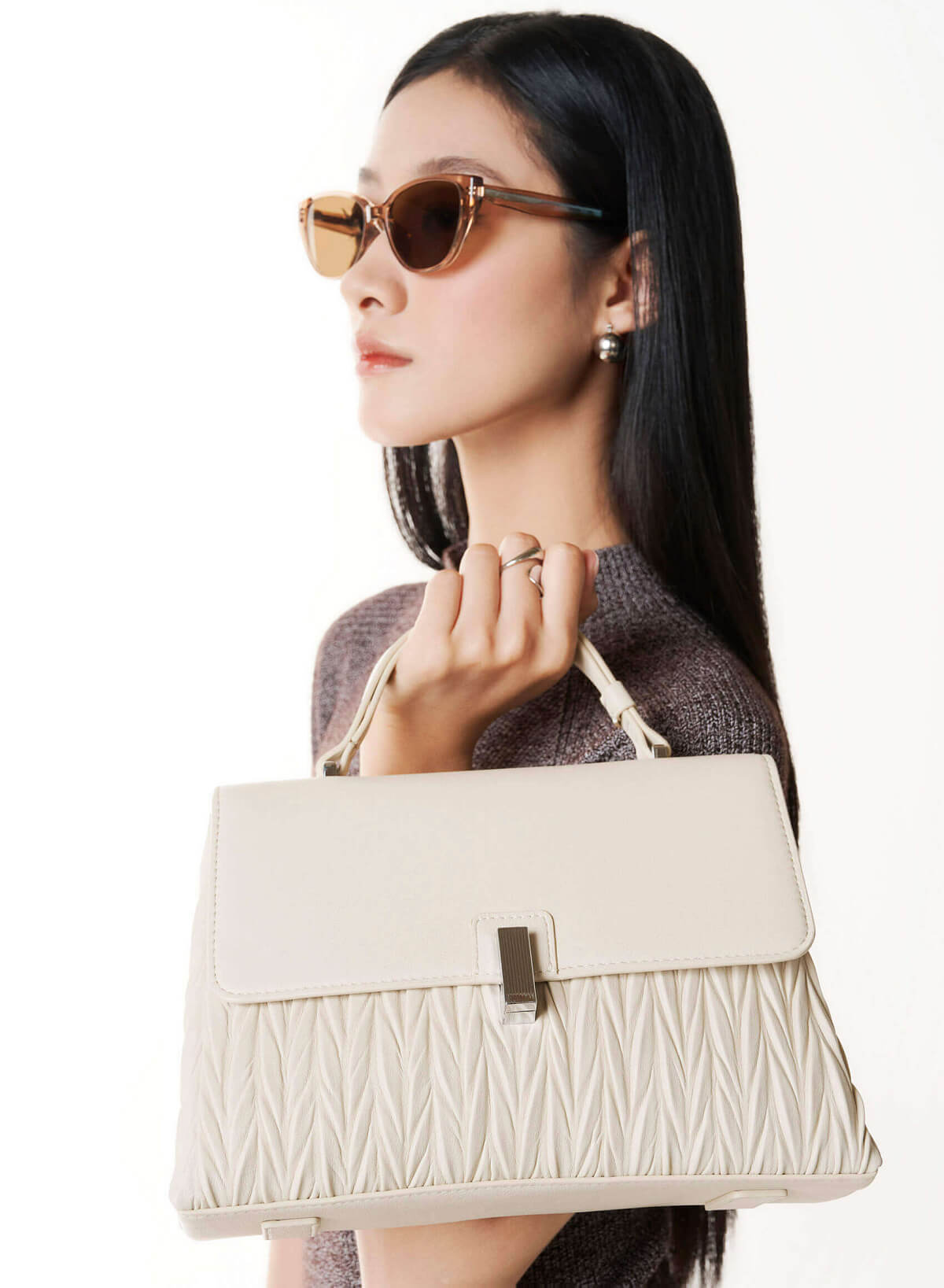 Lock Décor Quilted Handbag - SAC 0335 - Cream - vascara.com