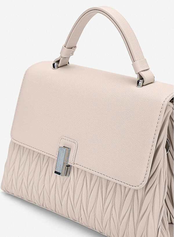 Lock Décor Quilted Handbag - SAC 0335 - Cream - VASCARA