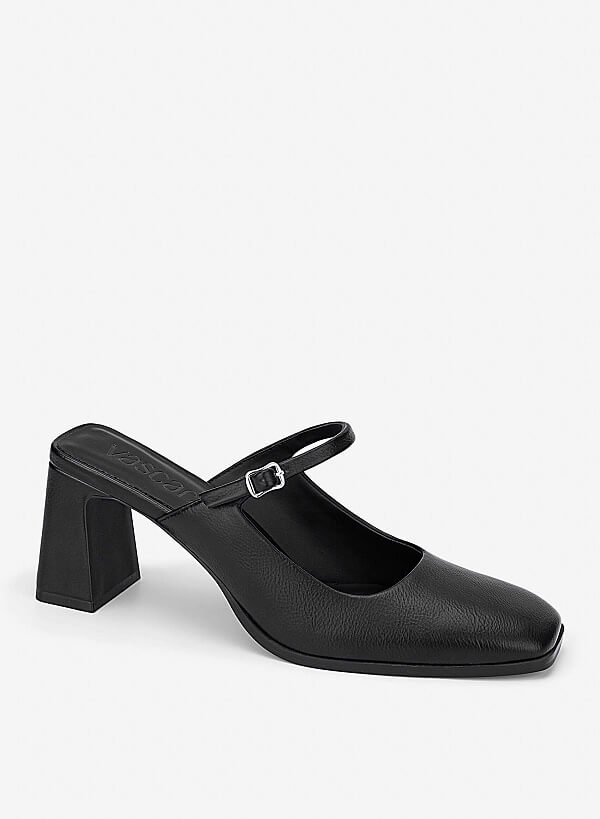 Mary Jane Block Heel Mules - MUL 0222 - Black - VASCARA