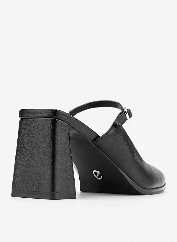 Mary Jane Block Heel Mules - MUL 0222 - Black - VASCARA