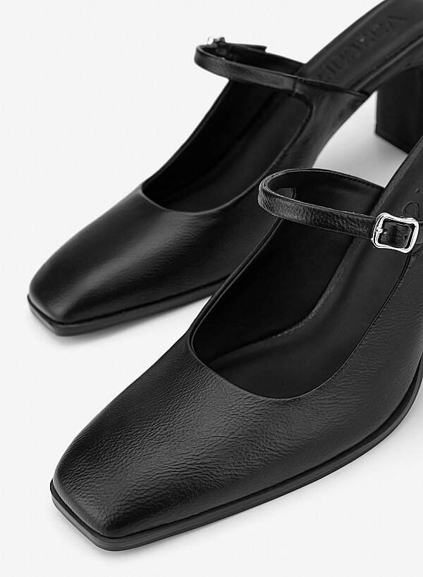 Mary Jane Block Heel Mules - MUL 0222 - Black - VASCARA
