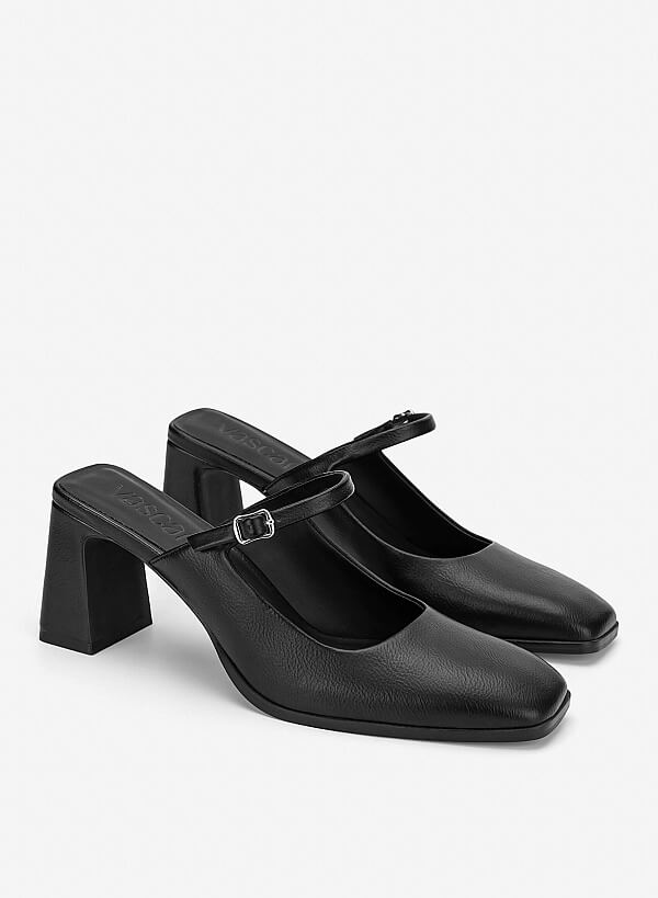 Mary Jane Block Heel Mules - MUL 0222 - Black - VASCARA
