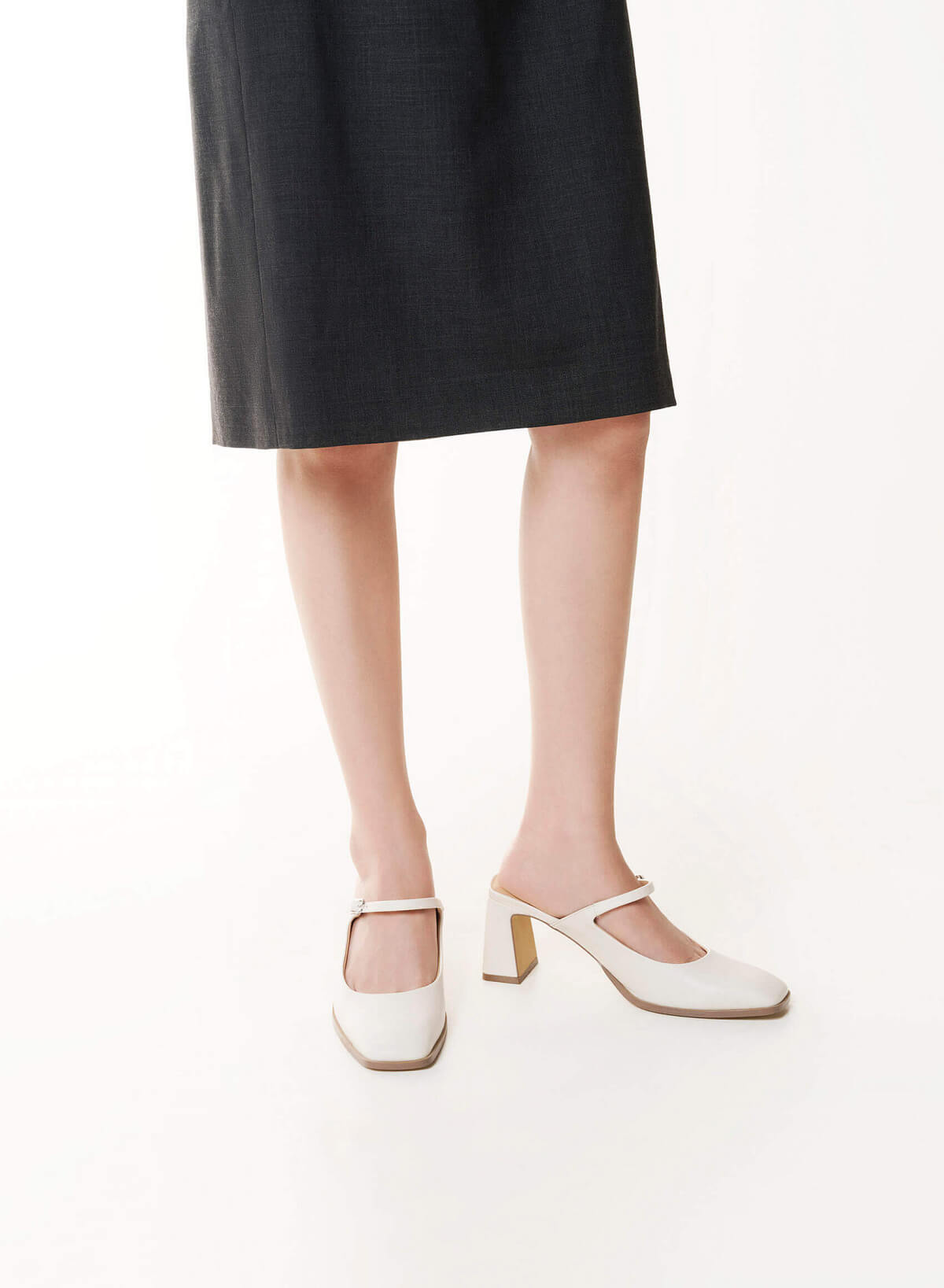 Mary Jane Block Heel Mules - MUL 0222 - Cream - vascara.com