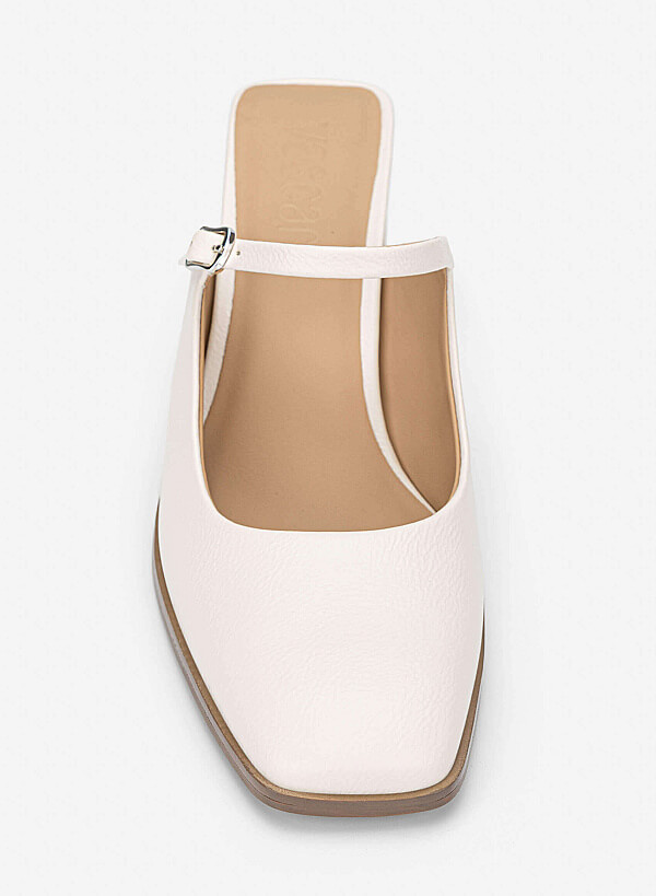 Mary Jane Block Heel Mules - MUL 0222 - Cream - VASCARA