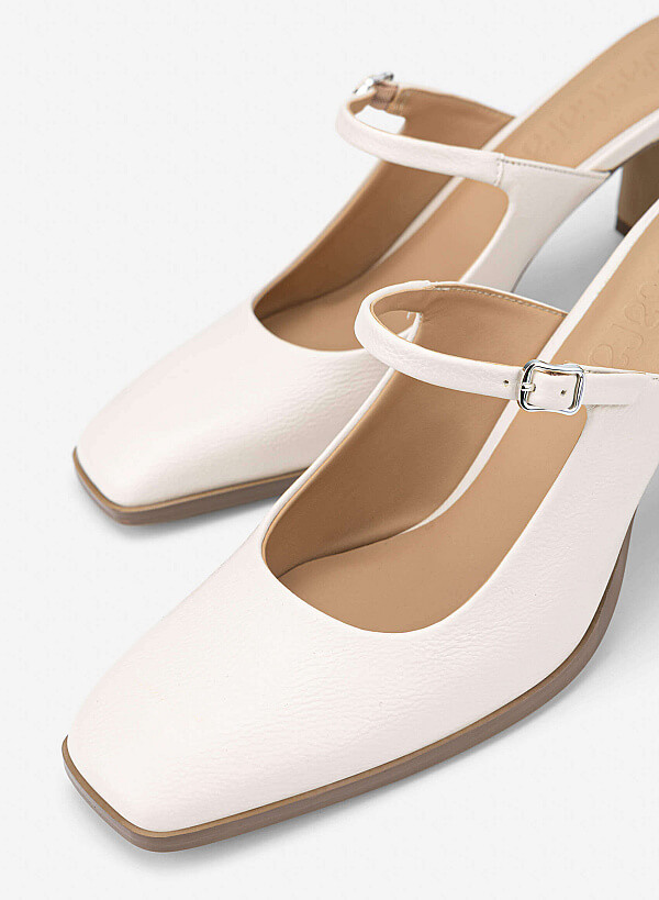 Mary Jane Block Heel Mules - MUL 0222 - Cream - VASCARA
